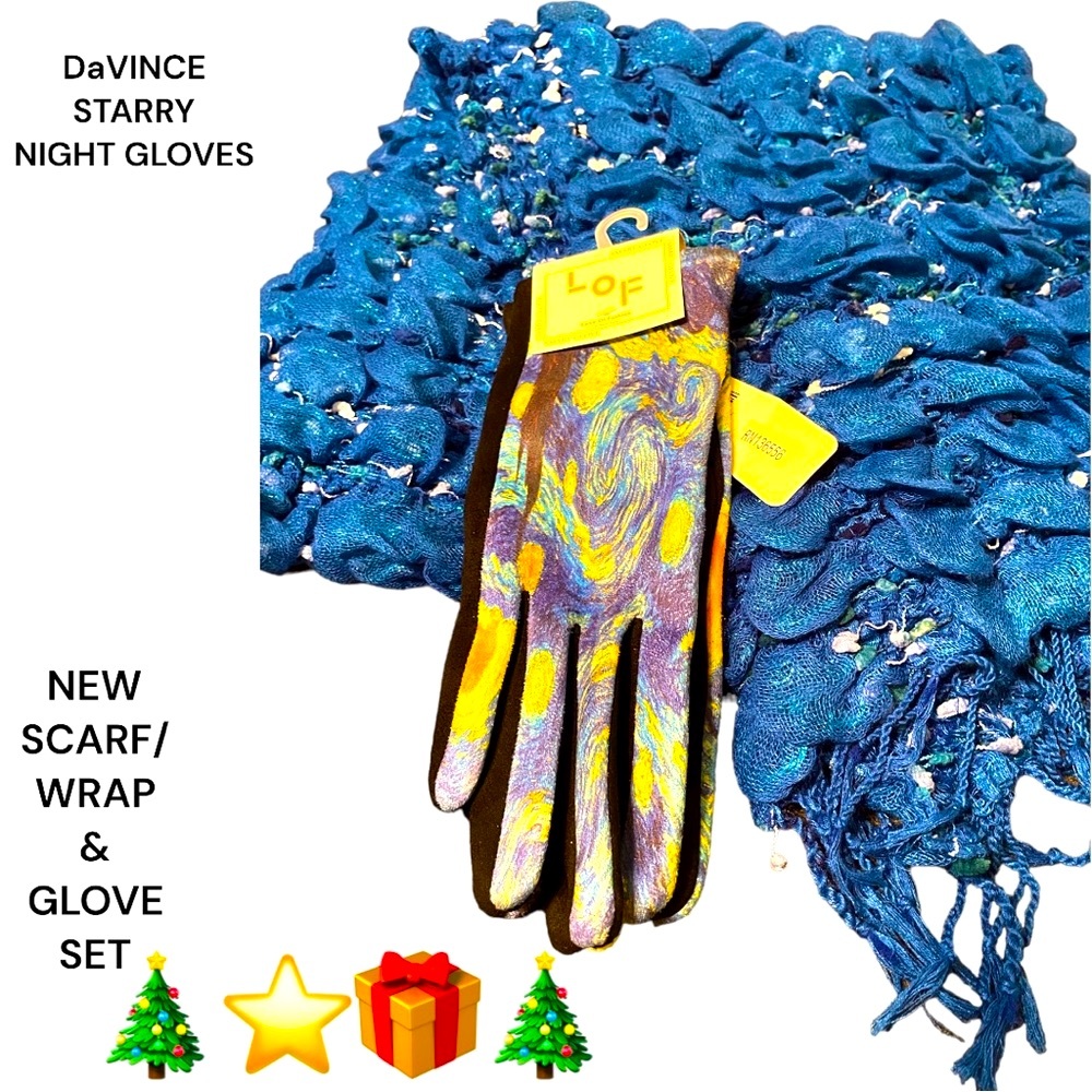 NWT RARE STARRY NIGHT SUEDE LIKE SOFT SMART TOUCH GLOVES & 2 SIDED FRINGED SCARF